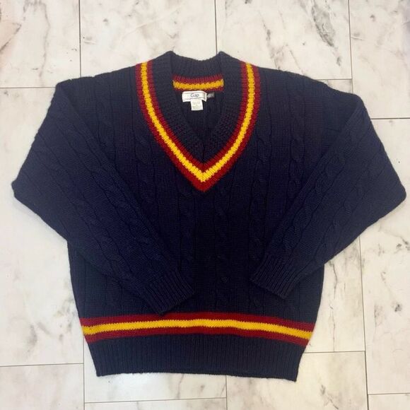 Deadstock 1990s GAP Cable Knit Cricket Sweater Navy Yellow Red Tags M - Picture 8 of 11